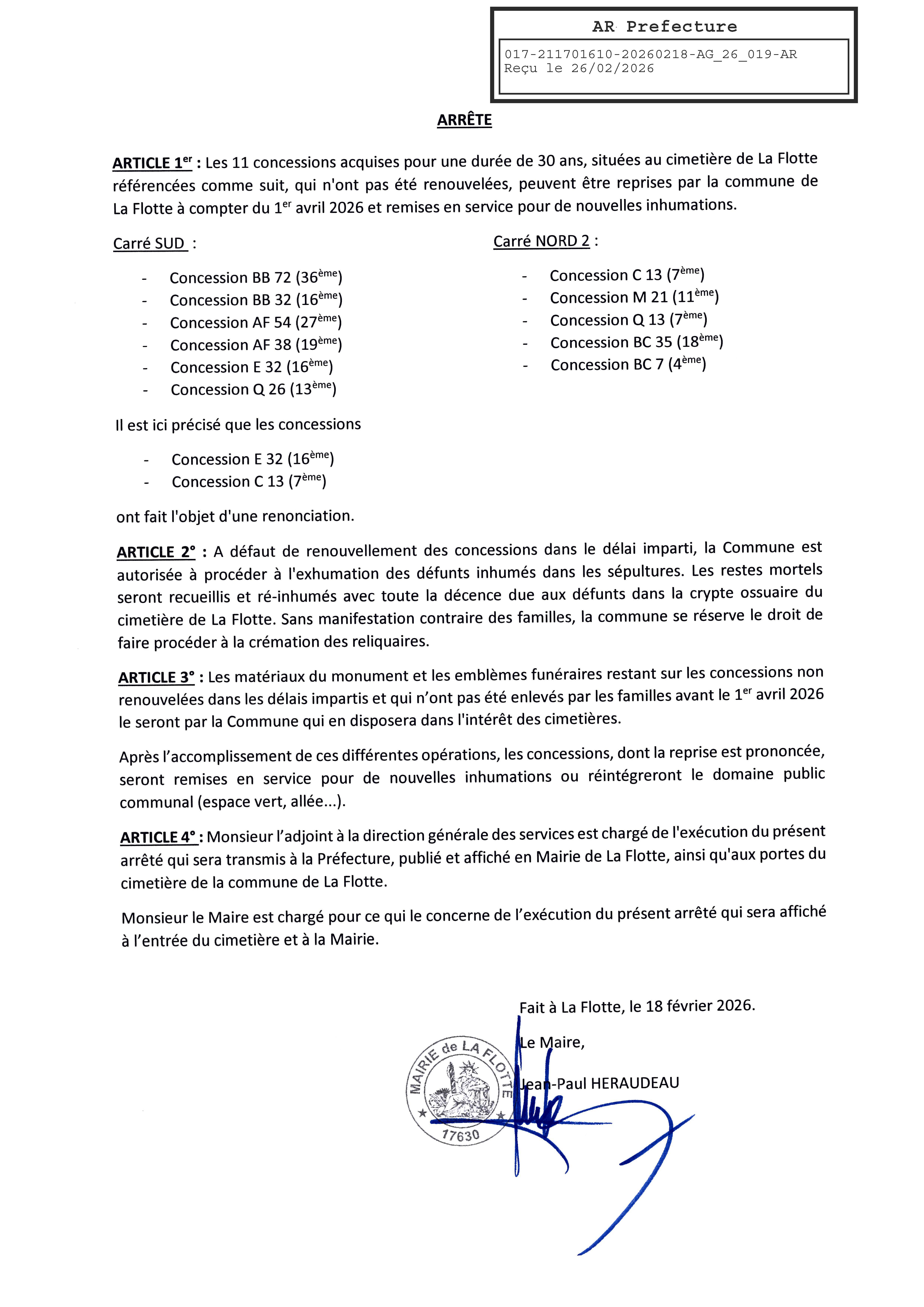 Liste des photographies des actualités du cimetière Commune de La Flotte