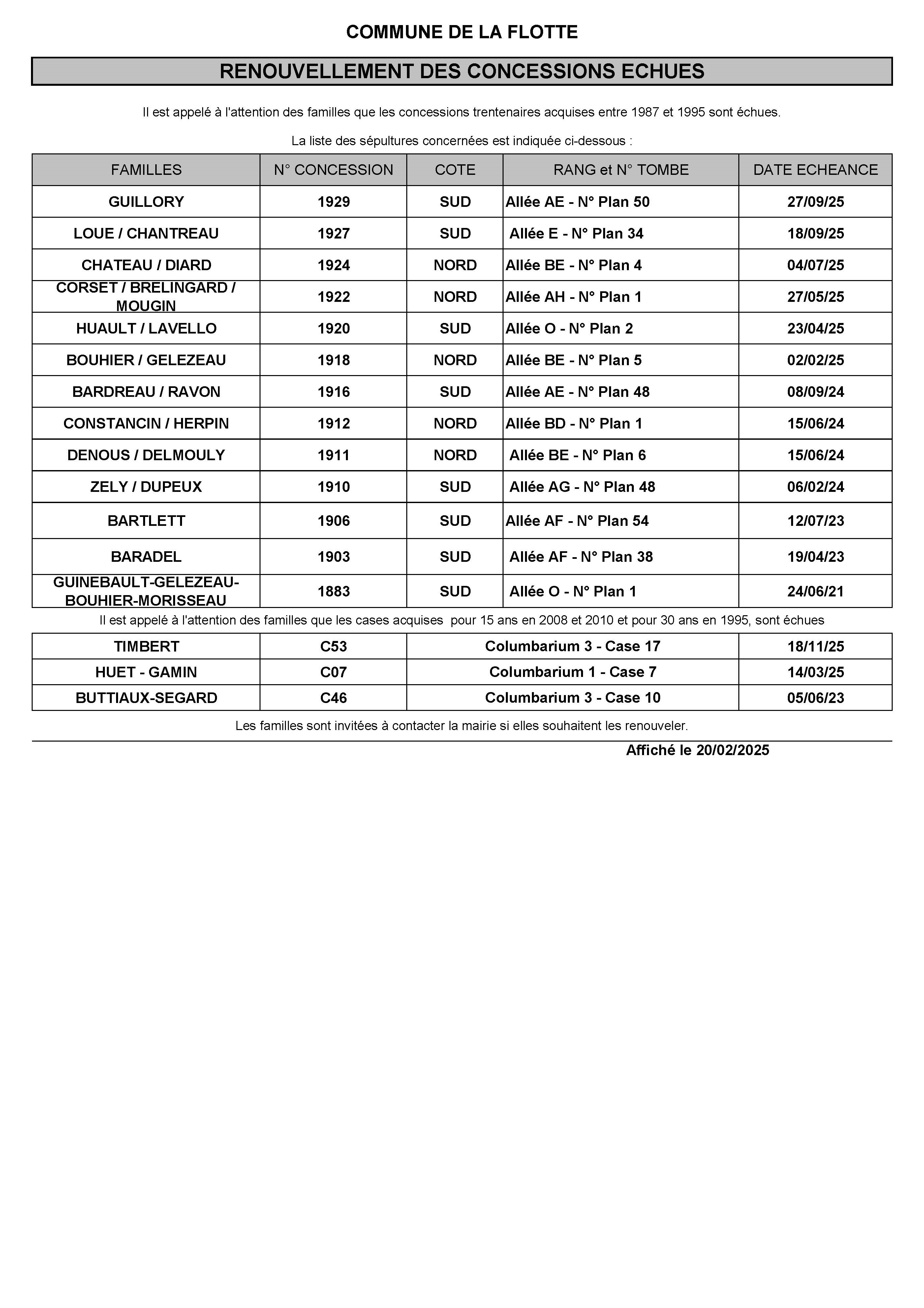 RENOUVELLEMENT DES CONCESSIONS ECHUES , Actualités du cimetière Commune de La Flotte
