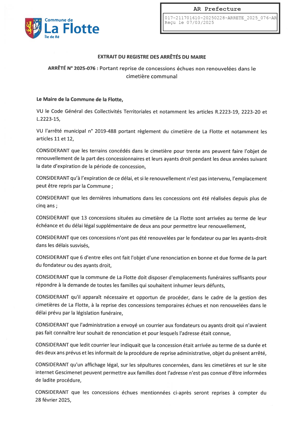 ARRÊTÉ N° 2025-076 : Portant reprise de concessions échues non renouvelées dans le cimetière communa , Actualités du cimetière Commune de La Flotte