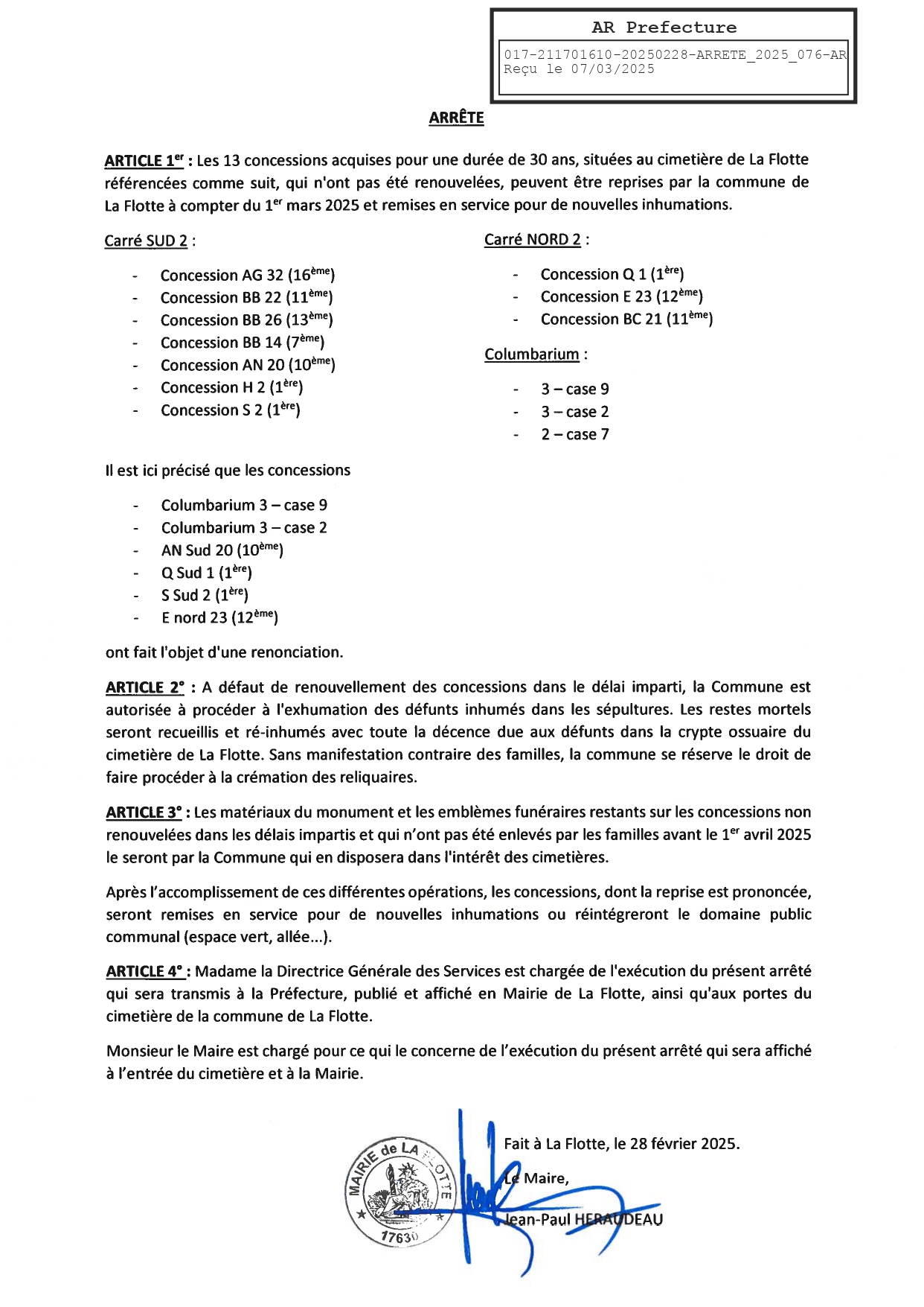 Liste des photographies des actualités du cimetière Commune de La Flotte