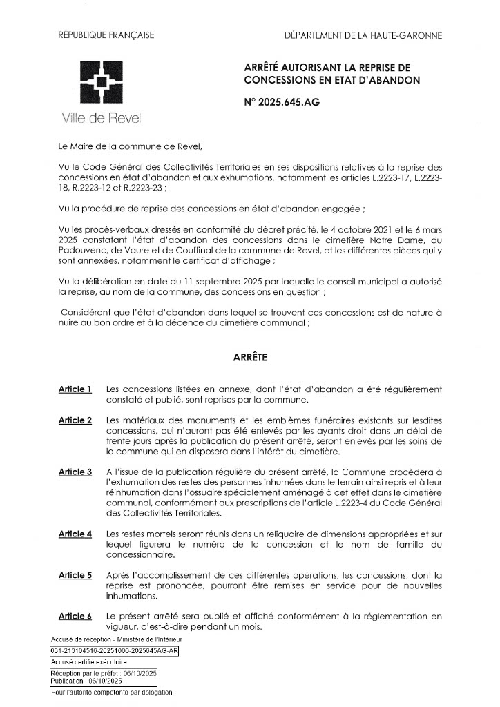 ARRETE GENERAL DEFINITIF DE REPRISE DE CONCESSION EN ETAT D'ABANDON , Actualités du cimetière Commune de Revel