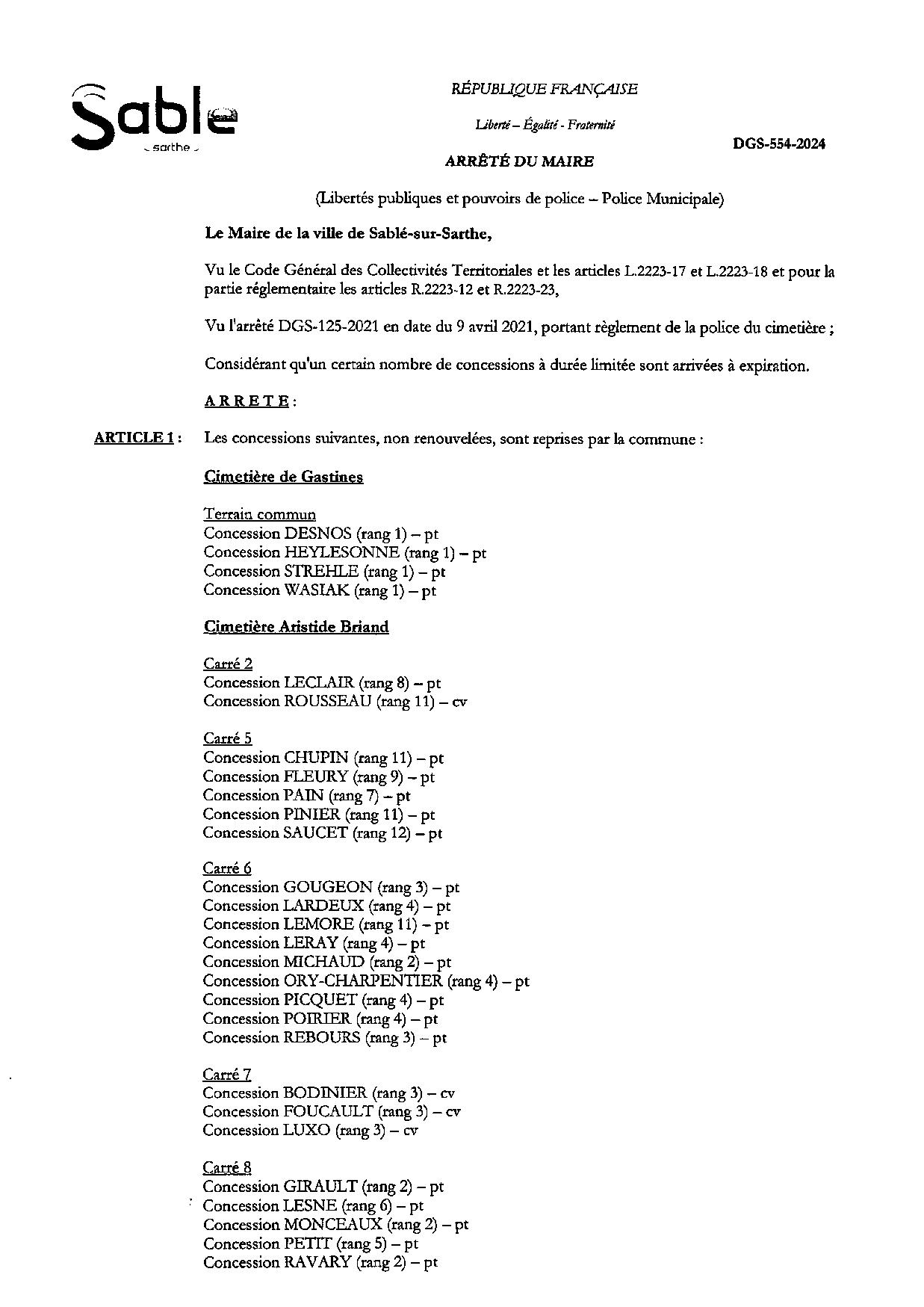 Arrêté de reprise des concessions expirées , Actualités du cimetière Ville de Sablé-sur-Sarthe