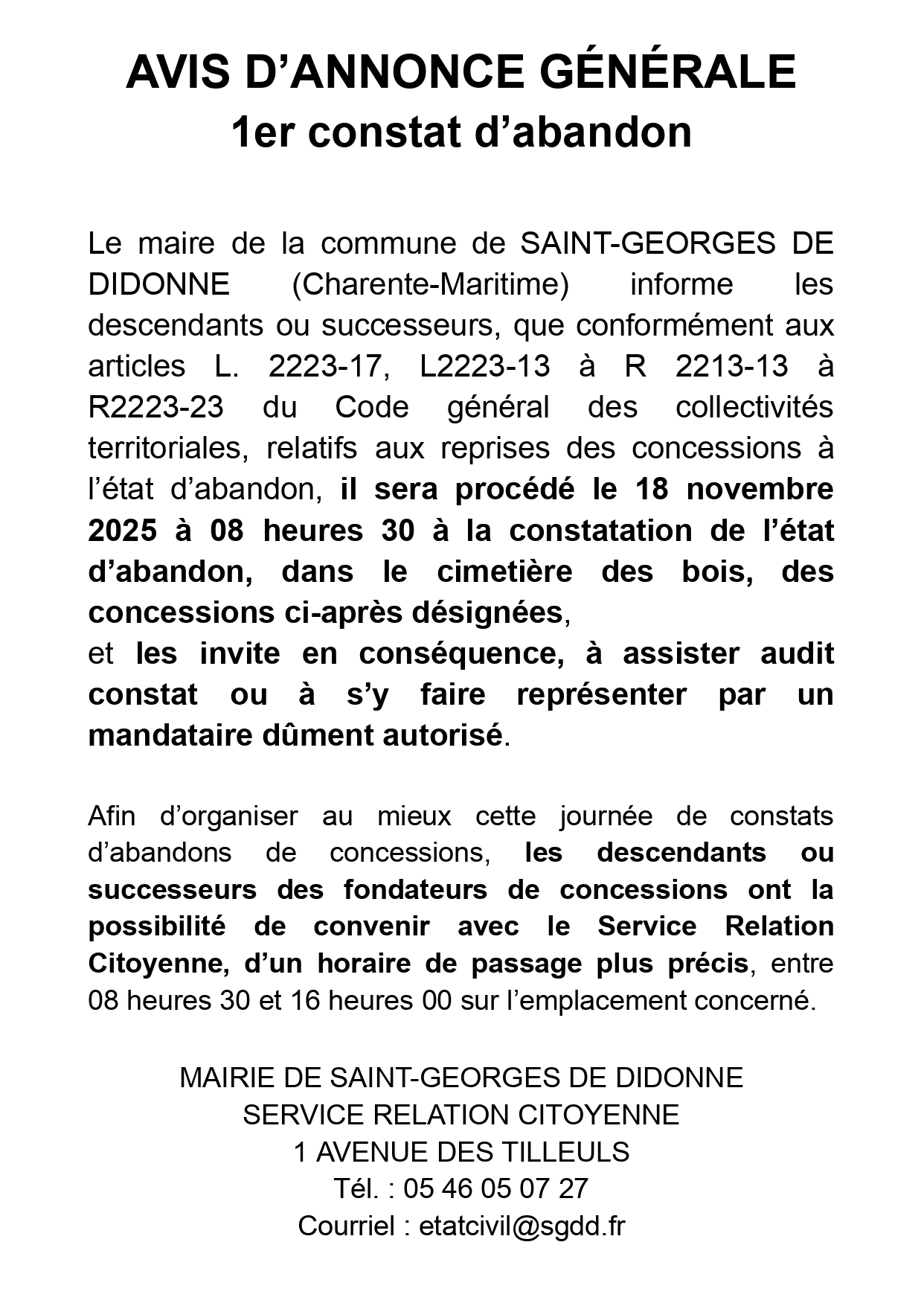 AVIS D'ANNONCE GÉNÉRALE : 1er constat d'abandon (1ère partie) , Actualités du cimetière de la commune de SAINT GEORGES DE DIDONNE