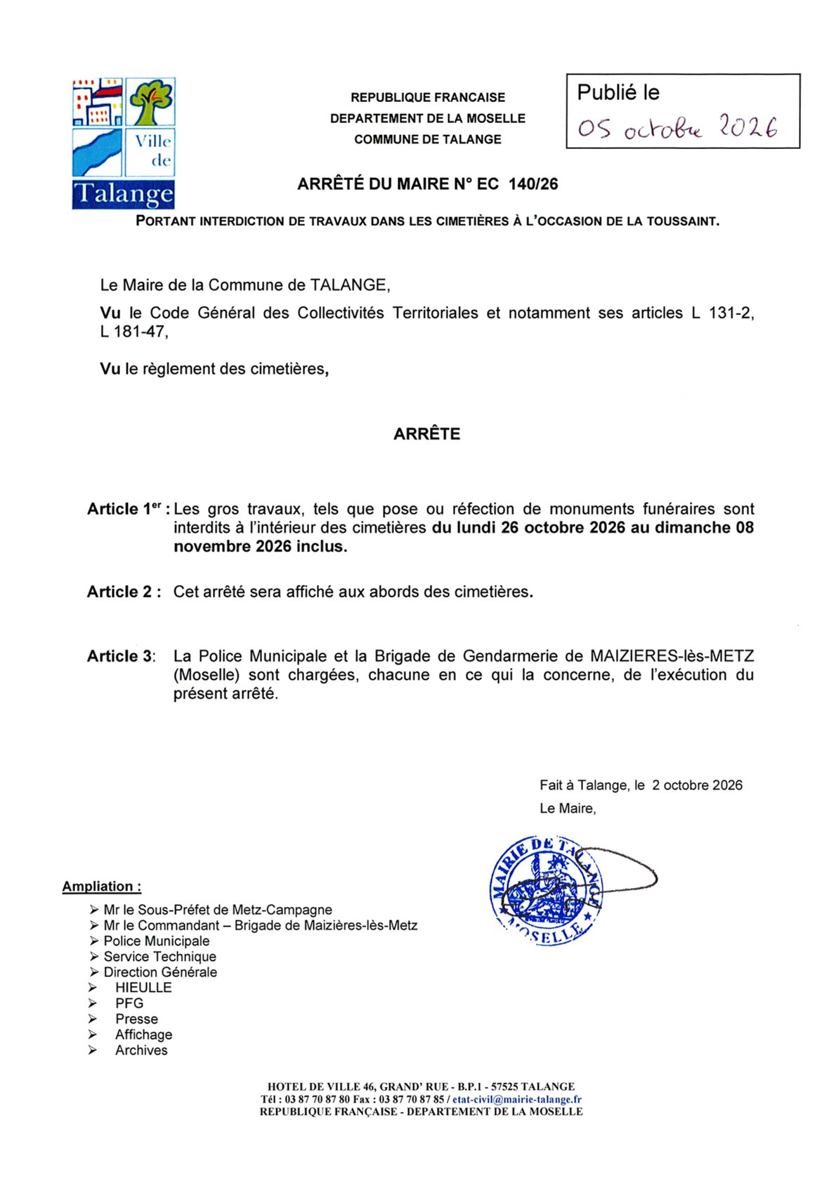 Interdiction de travaux dans les cimetières à l'occasion de la Toussaint 2026. , Actualités du cimetière Ville de Talange