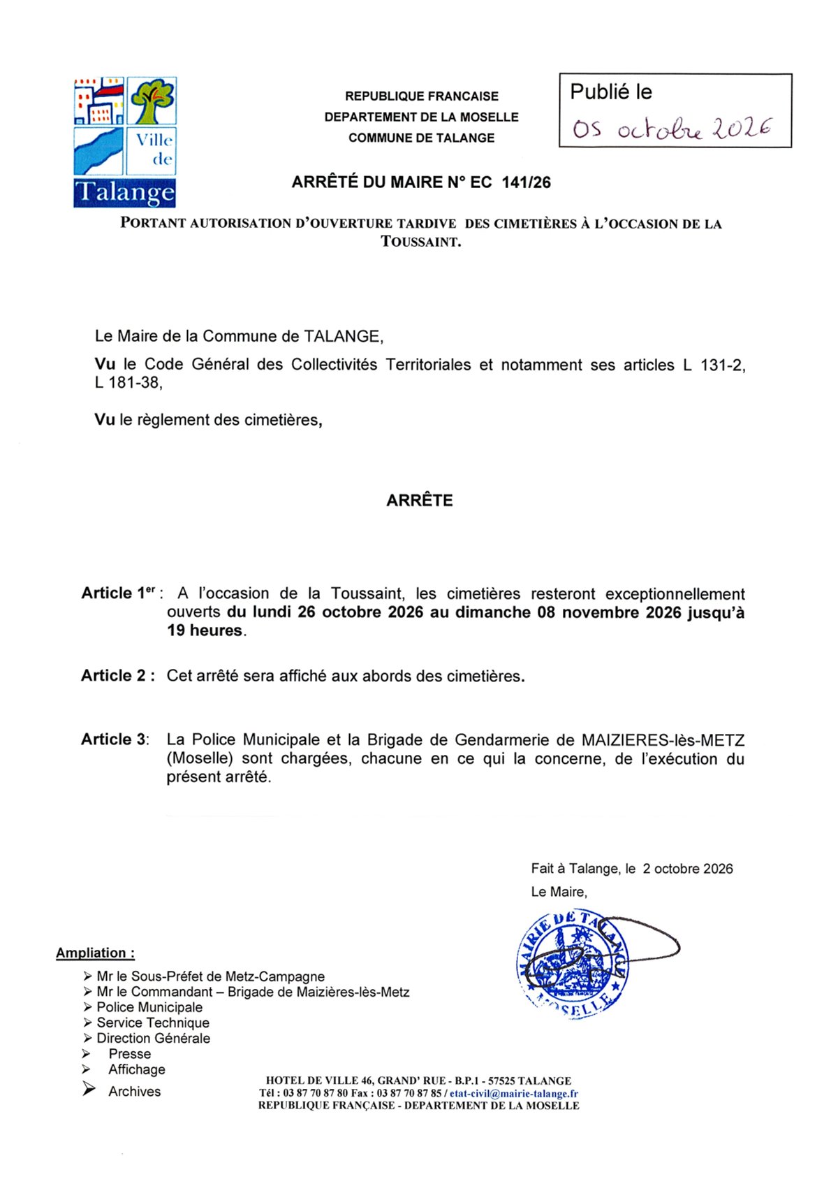 Ouverture tardive des cimetières de Talange à l'occasion de la Toussaint 2026 , Actualités du cimetière Ville de Talange