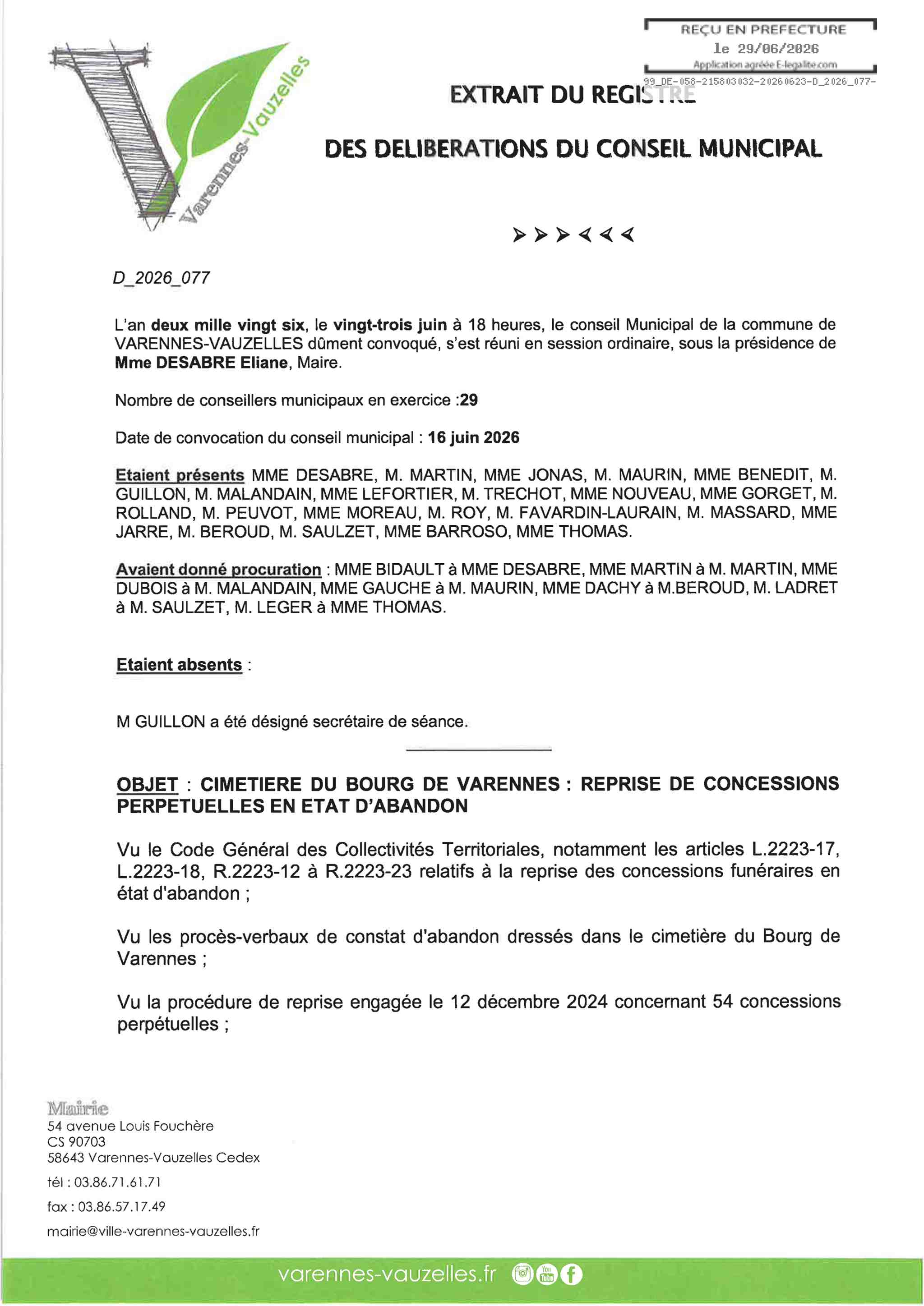 Délibération Reprise de concessions perpétuelles en état d'abandon , Actualités du cimetière Commune de Varennes-Vauzelles