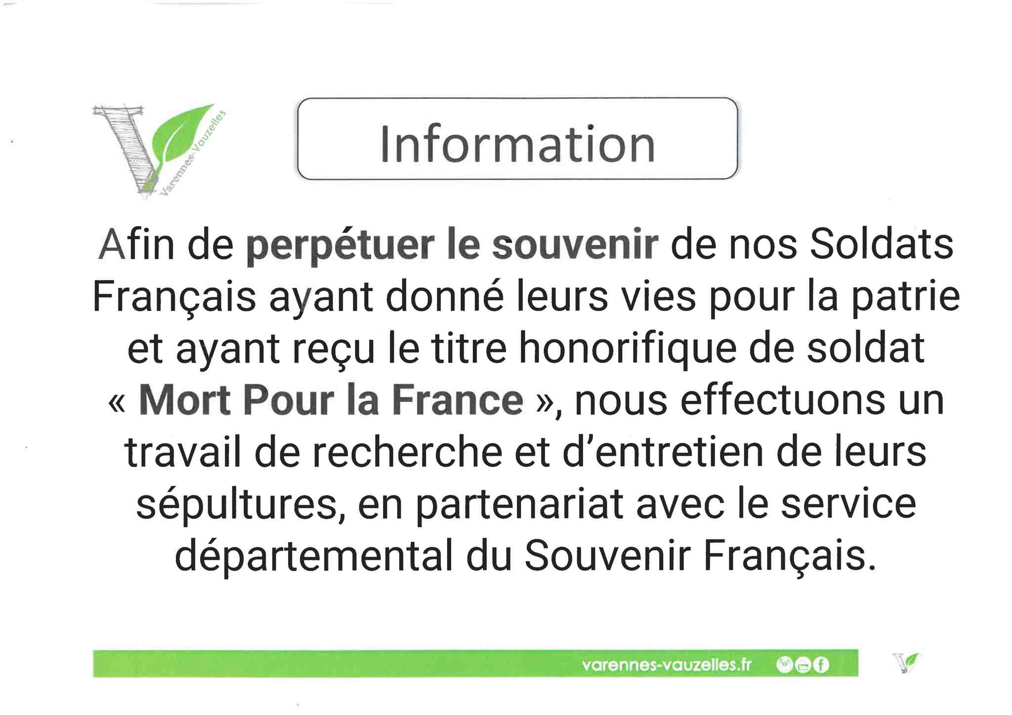 Soldats Mort pour la France , Actualités du cimetière Commune de Varennes-Vauzelles